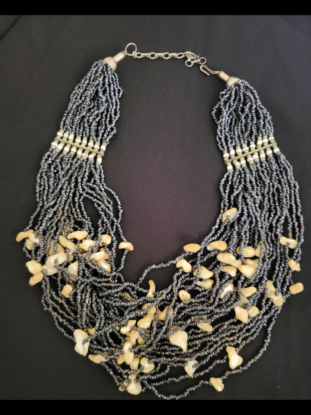 Black & Cream Multi Strand Beaded Statement Necklace Chunky Boho Tribal Jewelry